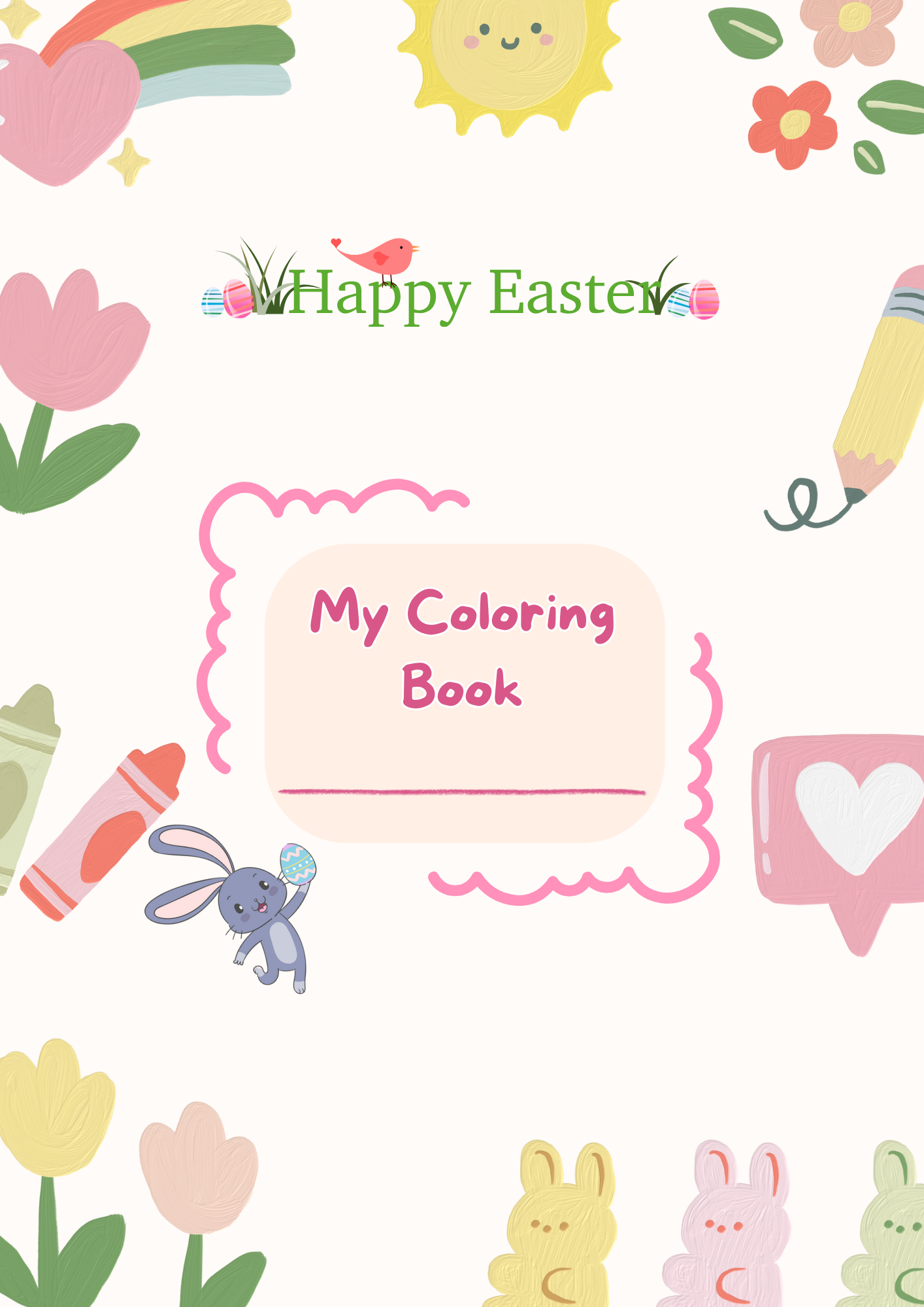 Digital Easter Coloring book cover with Easter-themed illustrations and 'Happy Easter' text.