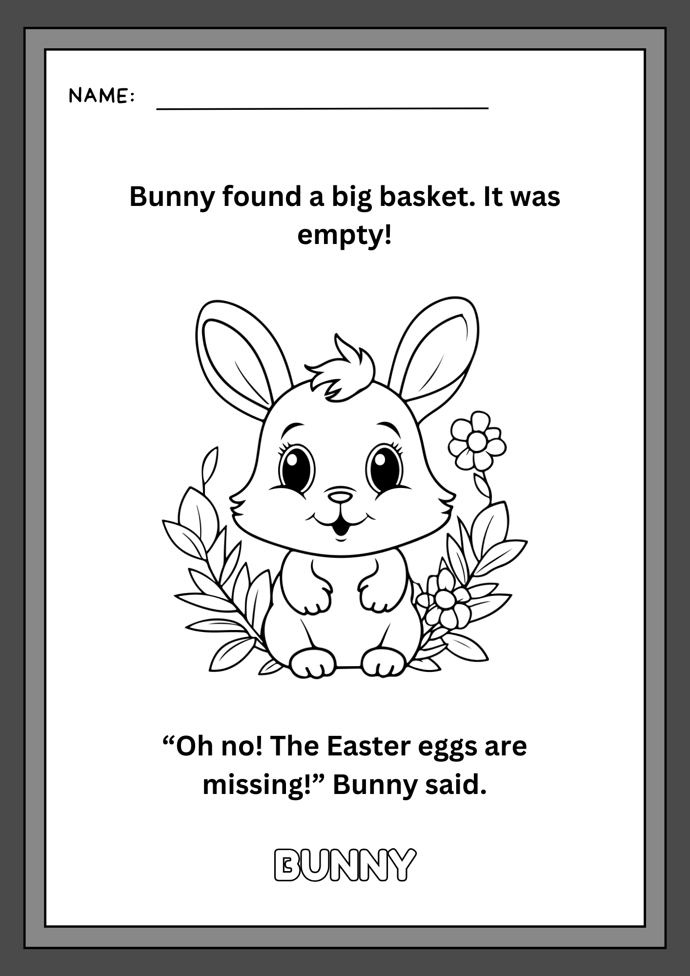 Digital Easter Coloring book Coloring page with a bunny and text, framed.
