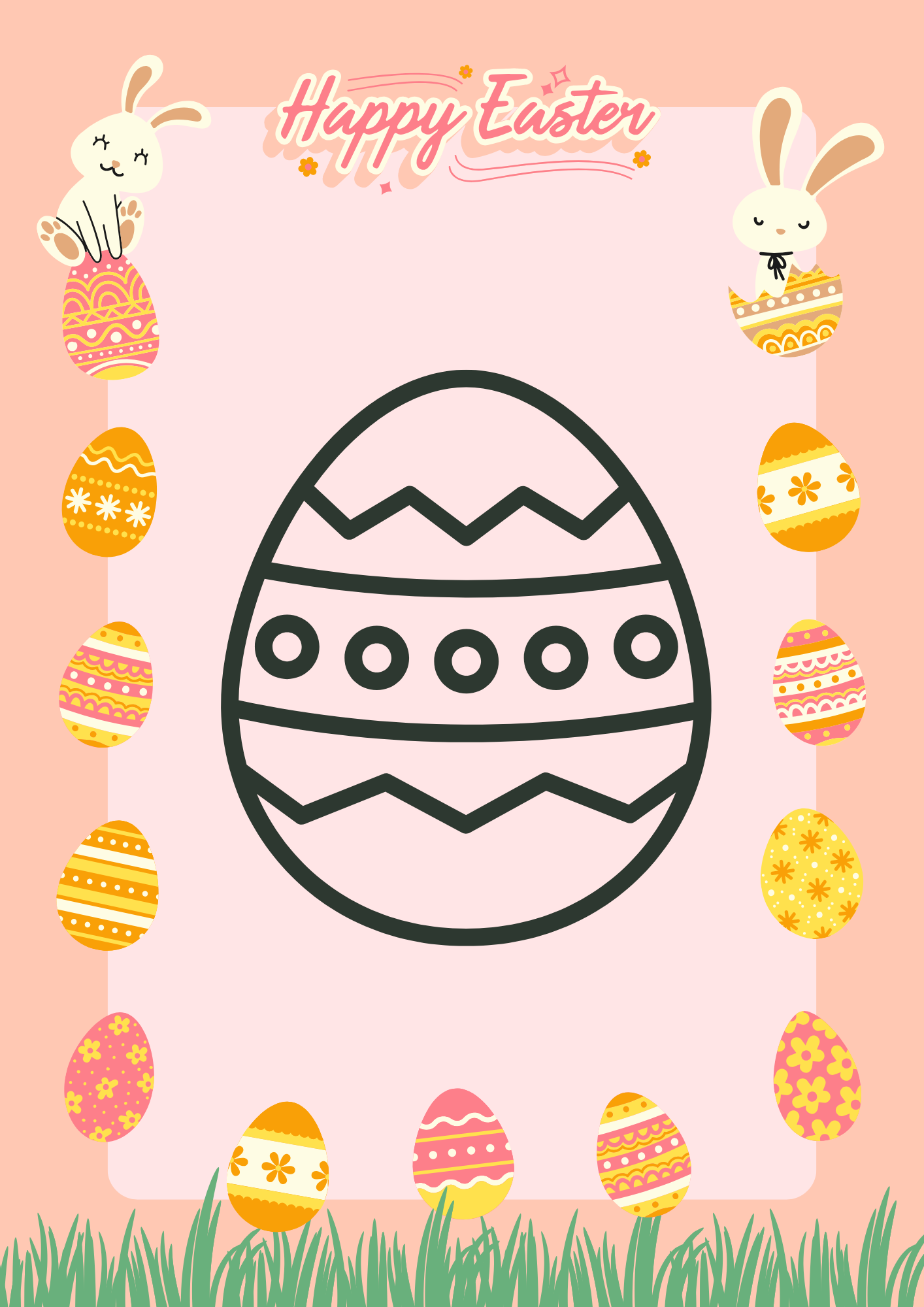 Easter-themed design with eggs and bunnies on a pink background Digital Easter Coloring book