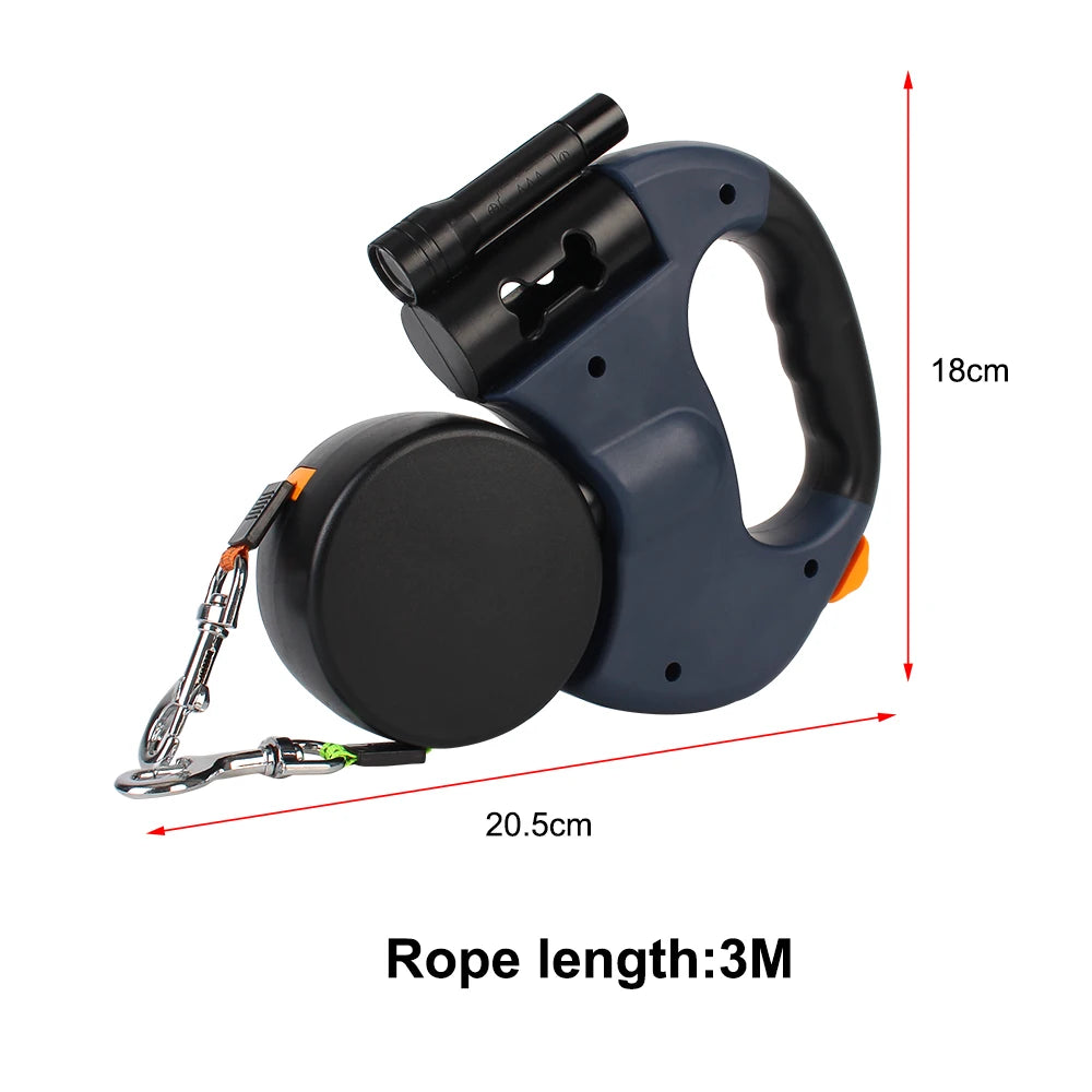 Auto Retractable Dual Dog Leash 3m With Flashlight Waste Bag Box Roulette Double-Ended Traction Rope Pet supplies