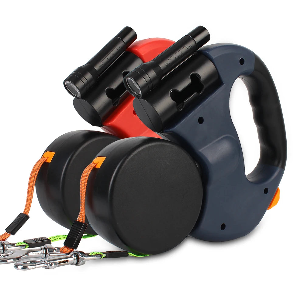 Auto Retractable Dual Dog Leash 3m With Flashlight Waste Bag Box Roulette Double-Ended Traction Rope Pet supplies