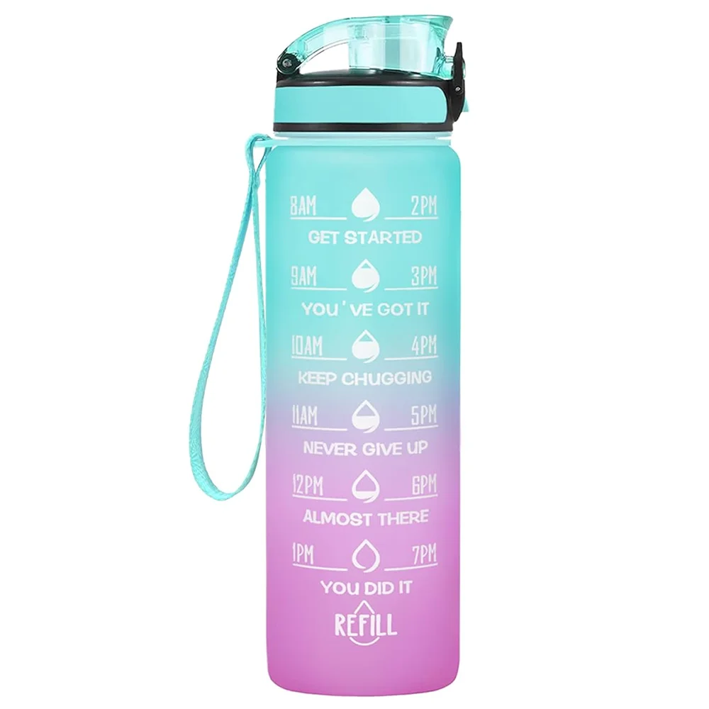 Motivational Water Bottle with Time Marker Straw for Fitness Hydration