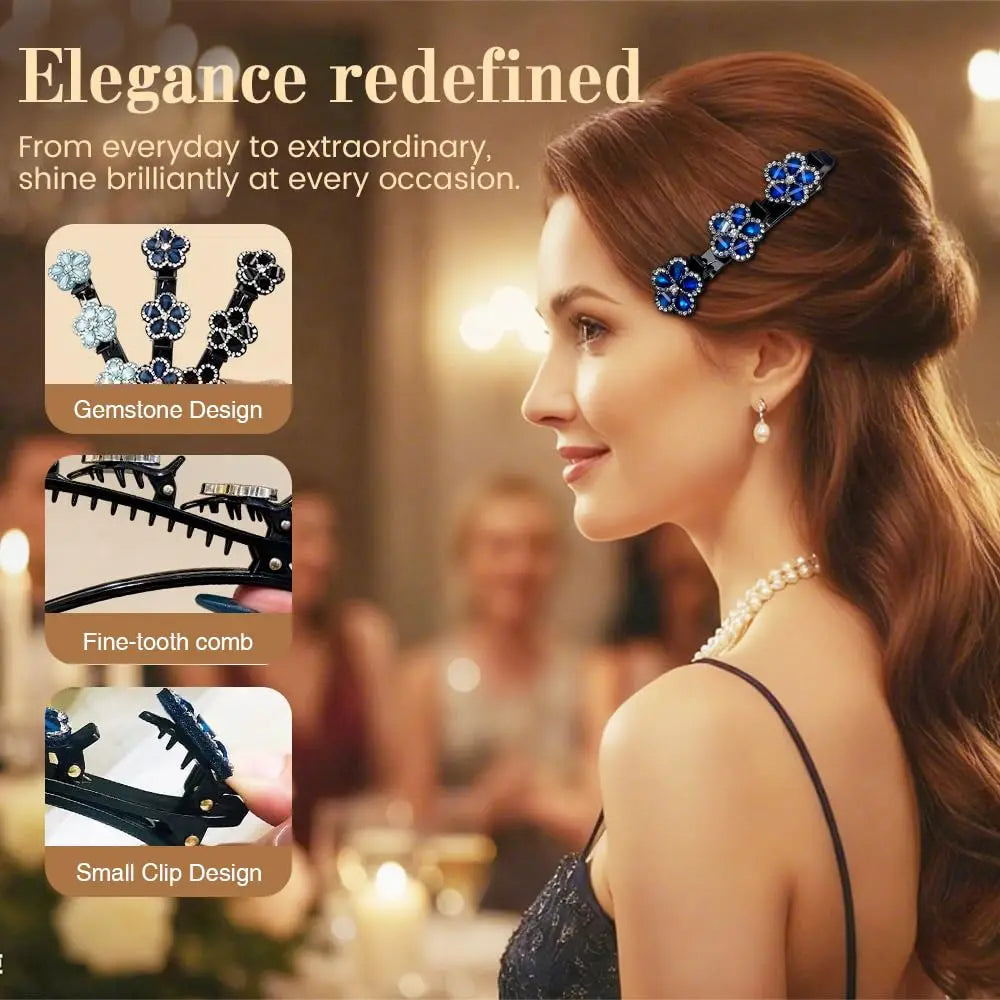 2PCS Women's Sparkling Crystal Flower Hair Clip Rhinestone Braided Hairpin Side Bangs Clip Hair Bands Shiny Elegant Hair Clip