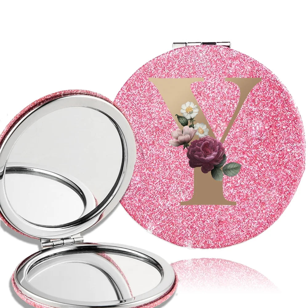 Portable Folding Shiny Double-Sided Makeup Mirror Leather Cosmetic Mirror Pocket Magnifying Hand Gold Letter Pattern Beauty Tool