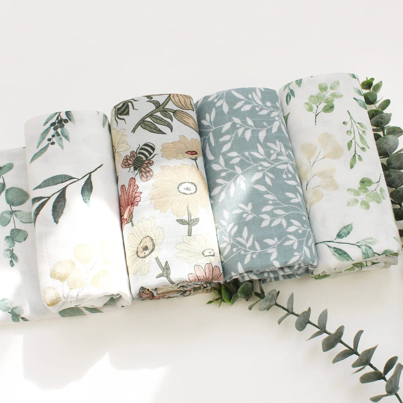 Printed Muslin Fabric Baby Blankets Wrap Eucalyptus Organic Cotton.