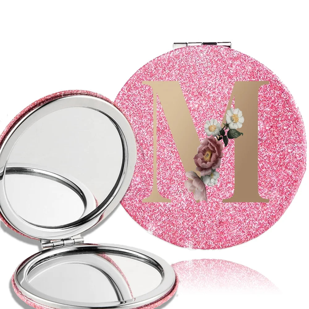 Portable Folding Shiny Double-Sided Makeup Mirror Leather Cosmetic Mirror Pocket Magnifying Hand Gold Letter Pattern Beauty Tool
