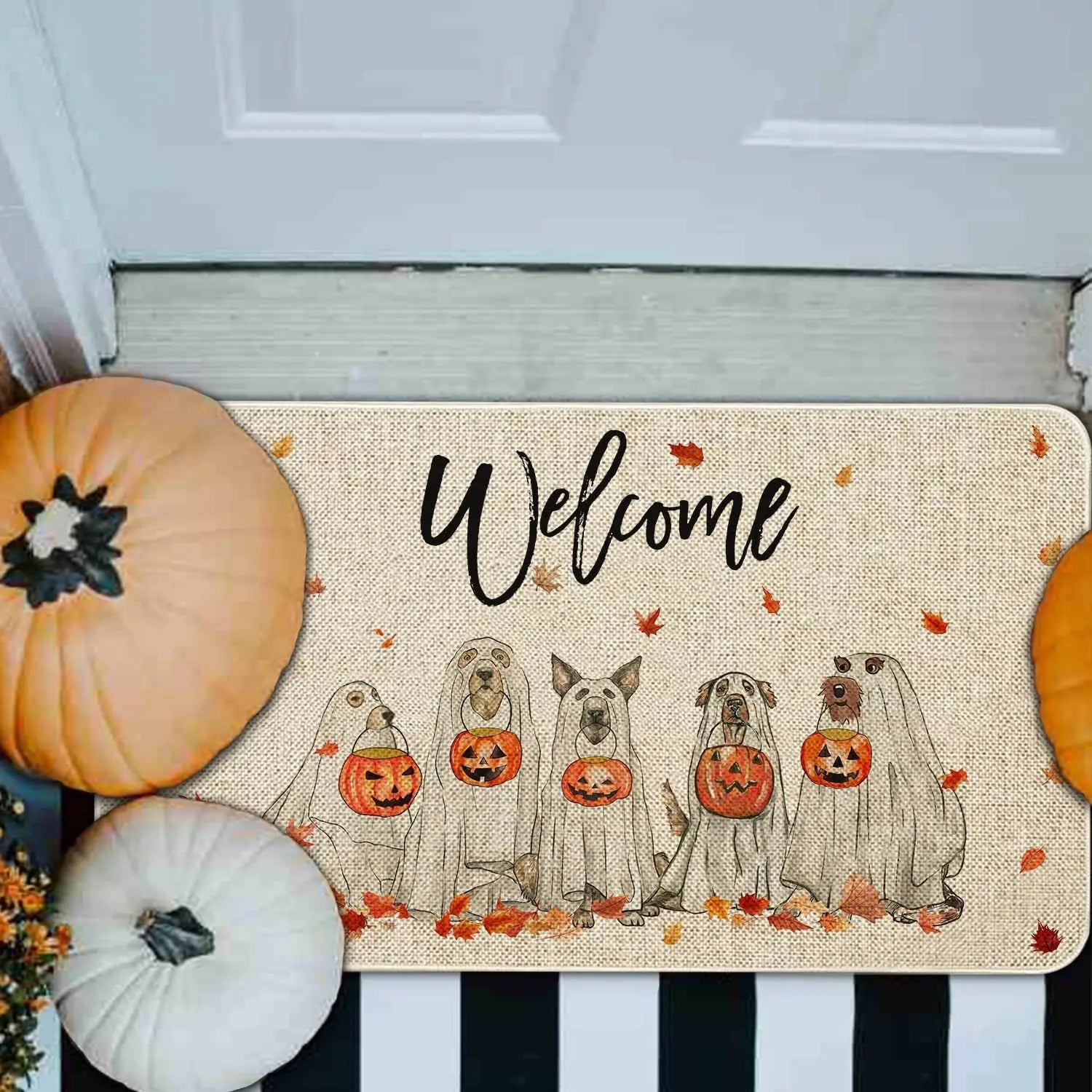 Halloween Fall Door Mat | Ghost Dogs Pumpkin Non-Slip Outdoor Front Porch Rug