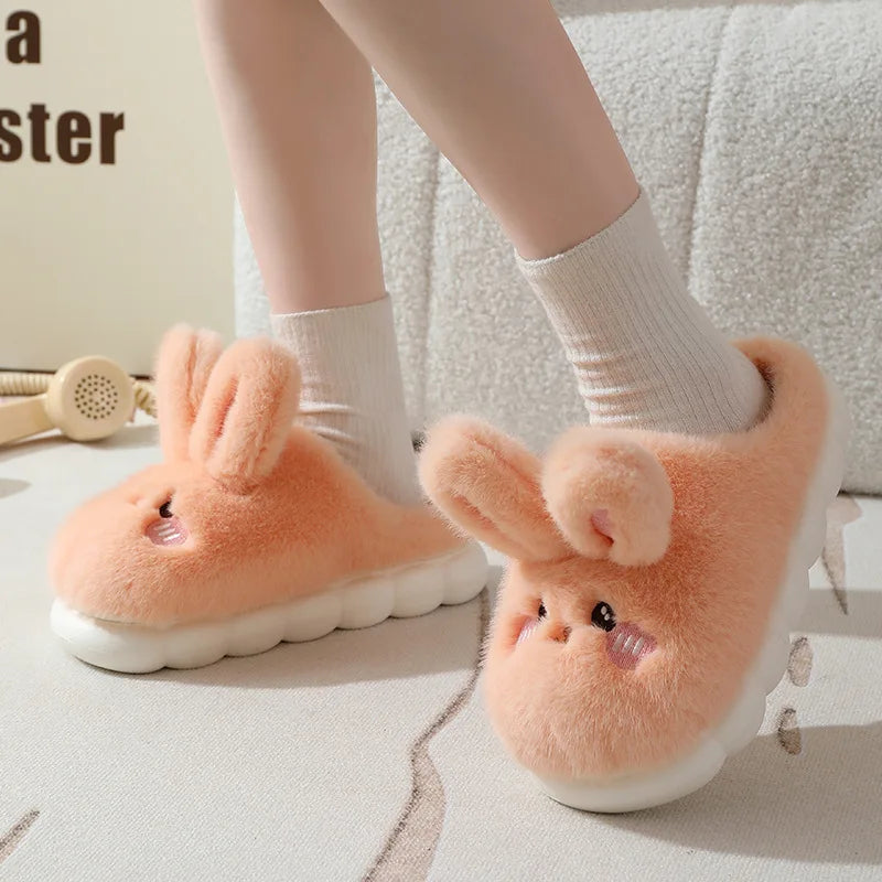 Winter Funny Cartoon Slippers Women Indoor Cute Rabbit Ear Sandals Men Indoor Plush Non-slip Warm Sandal Adult Solid Color Shoes