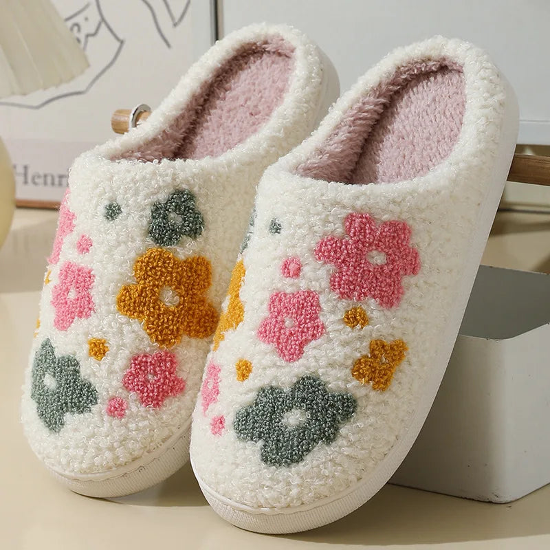 Cute floral and heart pattern plush slippers for women β soft cozy slides