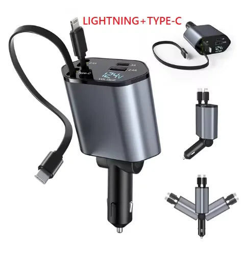 Retractable Car Charger, 100W Quick Charge with 2 USB Port, Retractable iPhone Charger & Tap-c Charger, Retractable Cable