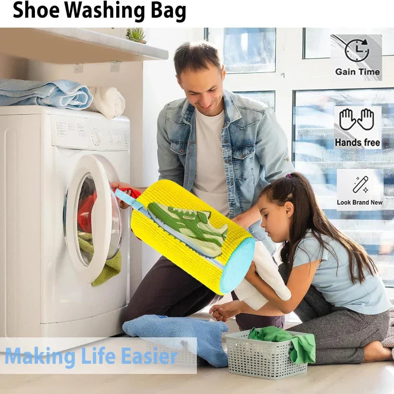 Man and child with a shoe washing bag in front of a washing machine, with text about the product's features.