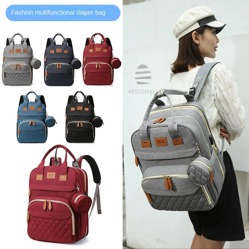 Mother and baby portable, folding bed bag large capacity, travel portable backpack diaper bag nursing bag