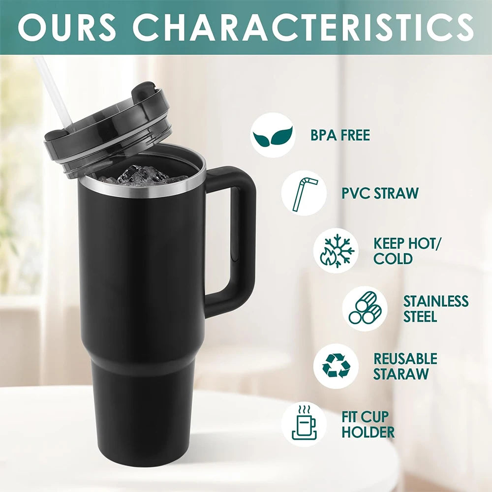 40oz Tumbler With Handle Straw Lid Insulated Stainless Steel Travel Cup Keep iced Coffee Mug Gifts For Women Men Car Cup Holder