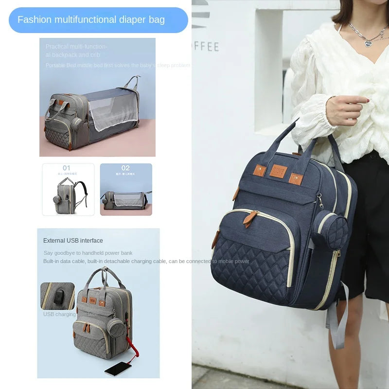 Multifunctional mother and baby portable baby folding bed bag large capacity travel portable backpack diaper bag nursing bag