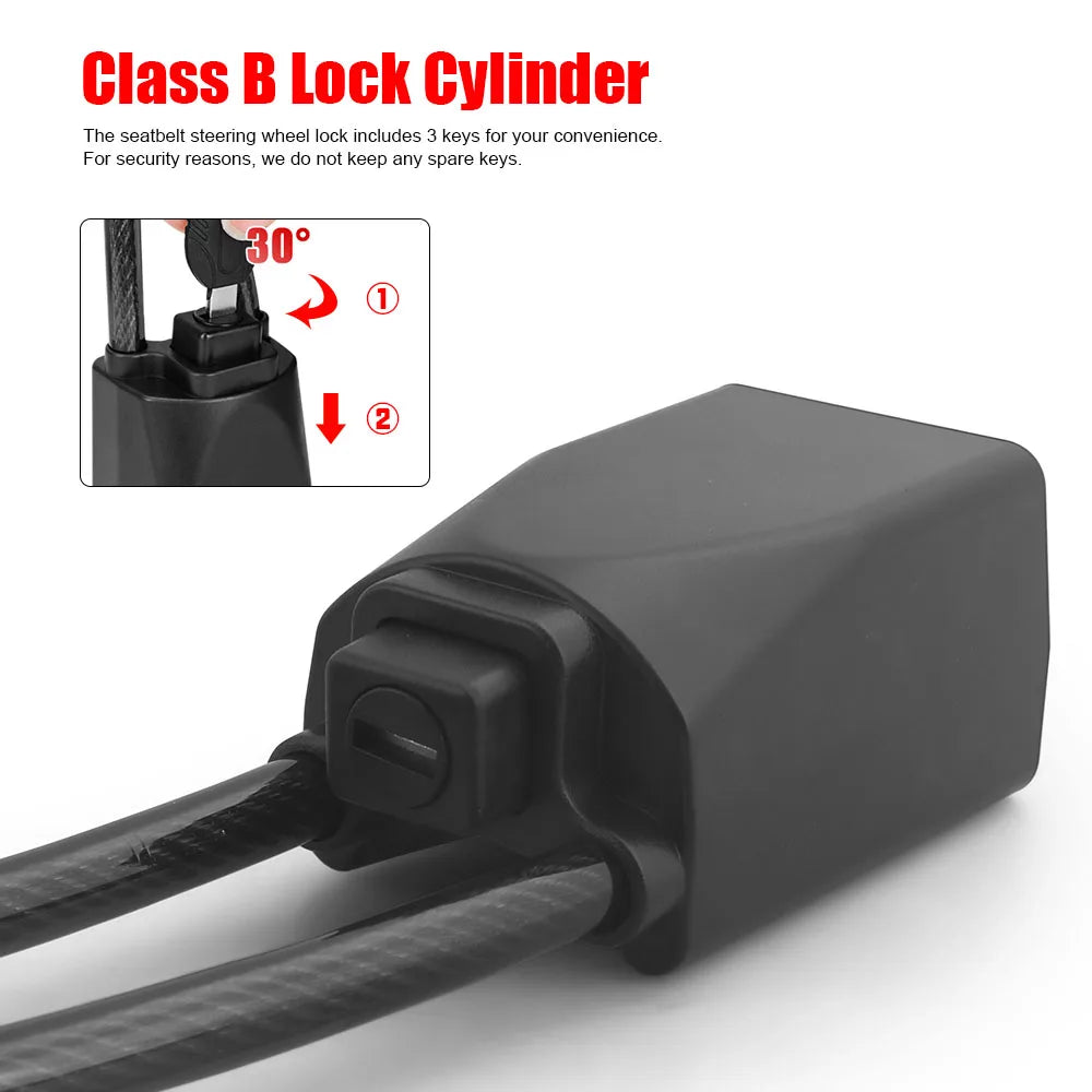 Car Steering Wheel Lock With Seat Belt Socket Steel Rope For Truck SUV Van RV With 3 Keys Universal Anti Theft Protection Device