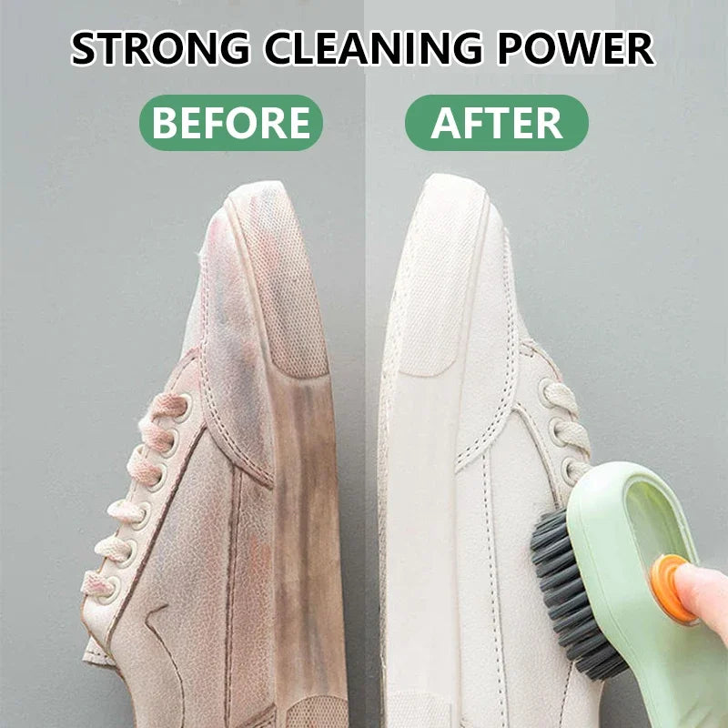 Before and after cleaning of a white sneaker with a cleaning tool.