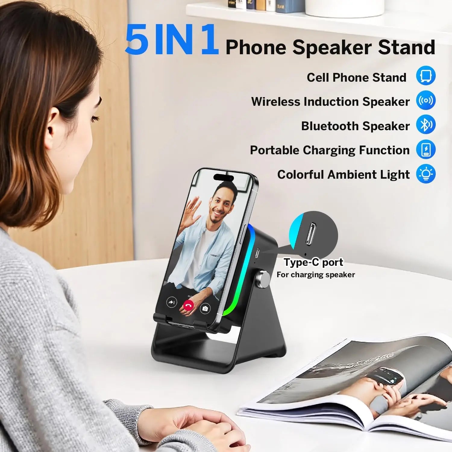 5-in-1 Auto-Induction Wireless Bluetooth Speaker | RGB Light Portable HiFi Speaker with Phone Holder