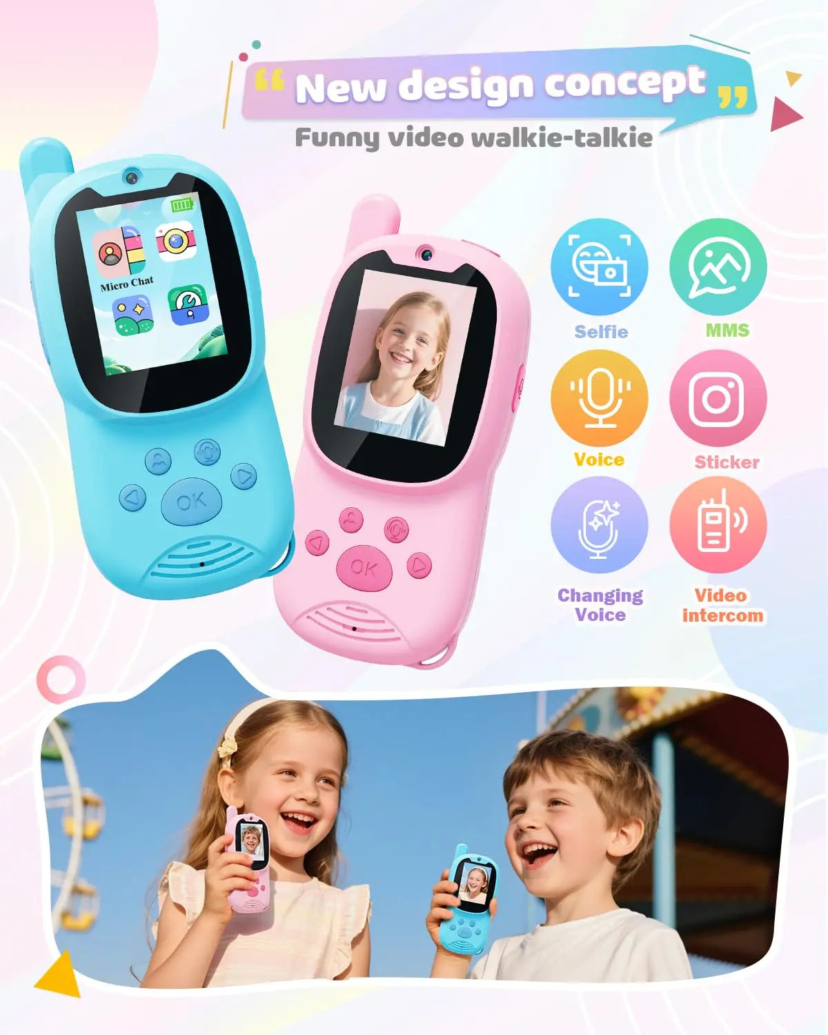 Video walkie talkies for kids,2 Pack Rechargeable Kids Walkie Talkies can send message,Christmas Birthday Gifts for kid Age 3-12