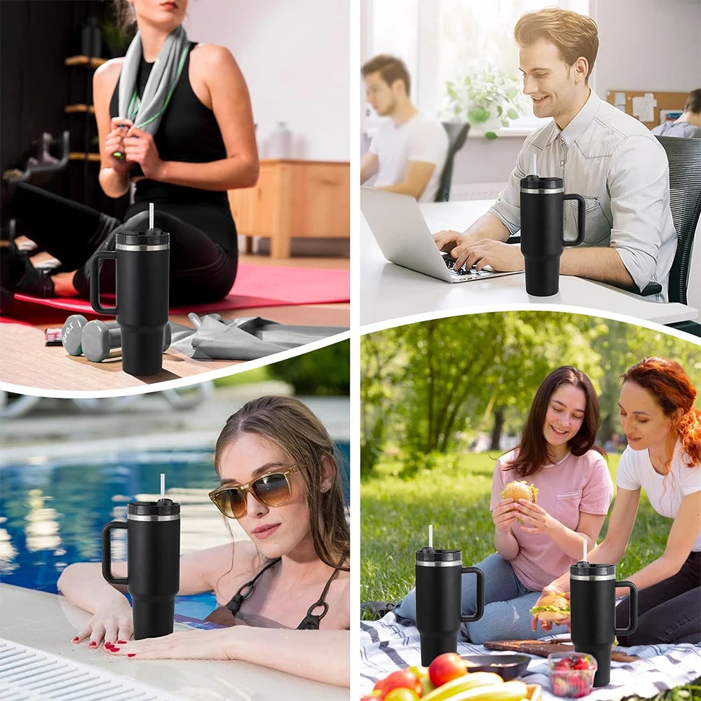 40oz Tumbler With Handle Straw Lid Insulated Stainless Steel Travel Cup Keep iced Coffee Mug Gifts For Women Men Car Cup Holder