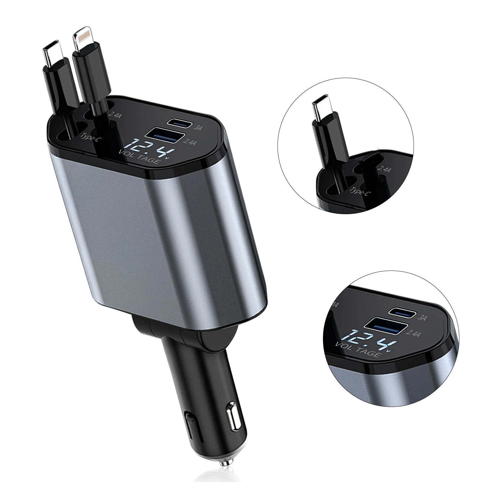 Retractable Car Charger, 100W Quick Charge with 2 USB Port, Retractable iPhone Charger & Tap-c Charger, Retractable Cable