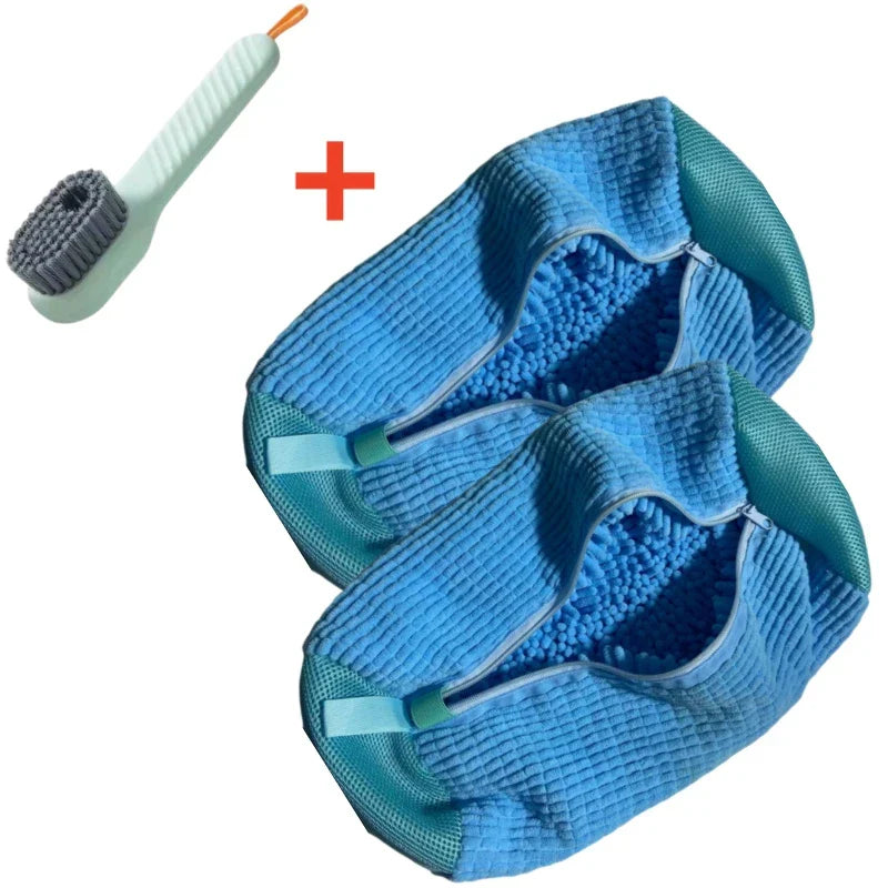 Blue cleaning mitt with a brush on a white background