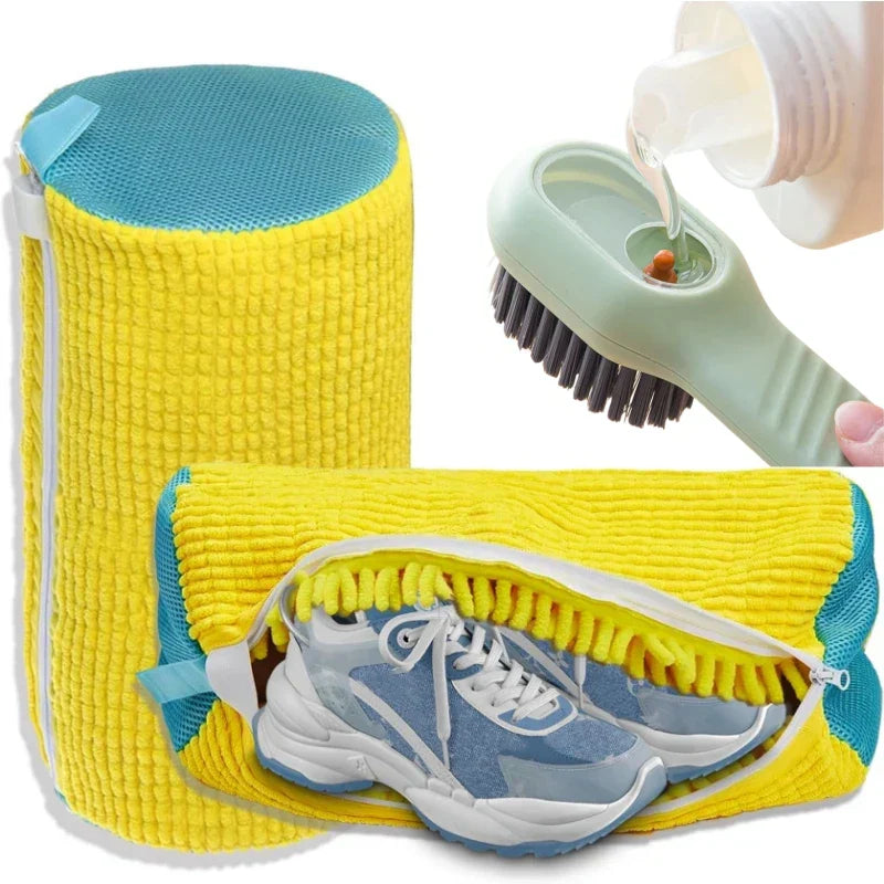 Yellow and blue shoe cleaning mat with a brush and bottle, used to clean a sneaker. Shoe Washing Machine Bag