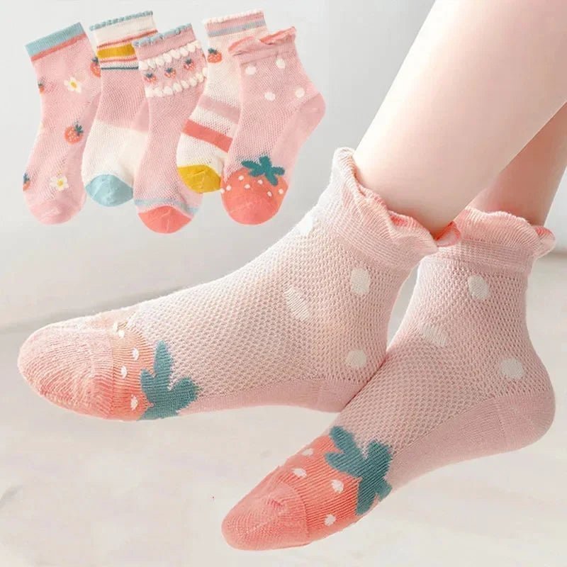 Kids Socks : 5 Pairs Cotton Girls Socks Spring, Summer Flowers Pattern