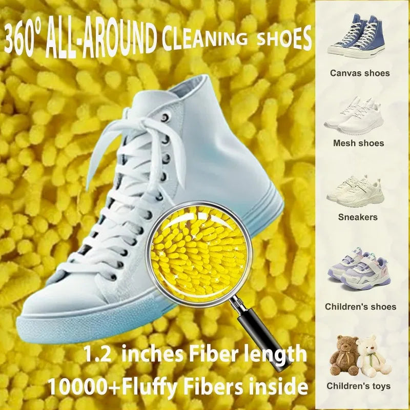White high-top sneaker with cleaning tool on yellow fibers, showing fiber length and applications.
