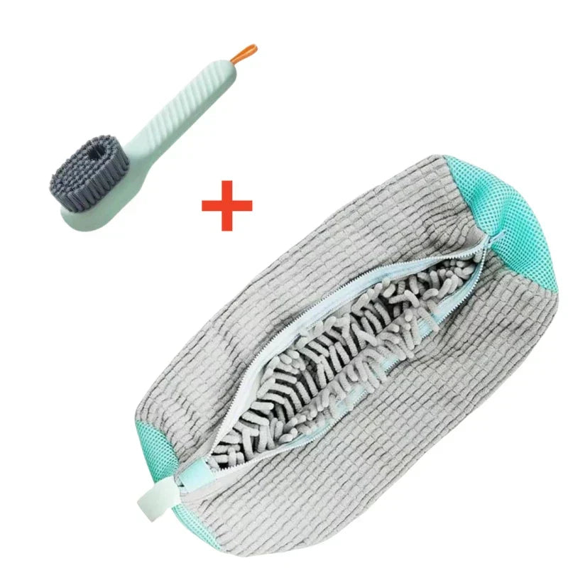 Cleaning tool set with scrubber and brush on a white background