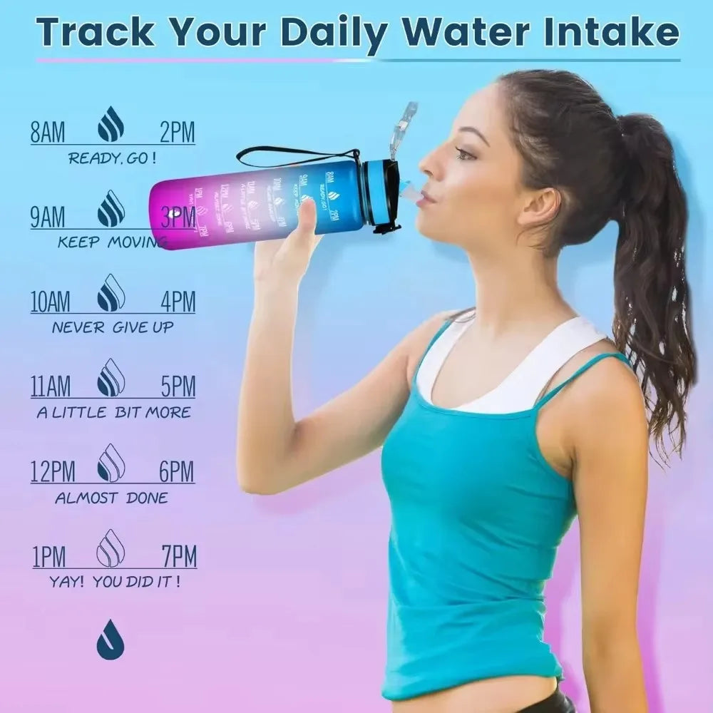 Motivational Water Bottle with Time Marker Straw for Fitness Hydration