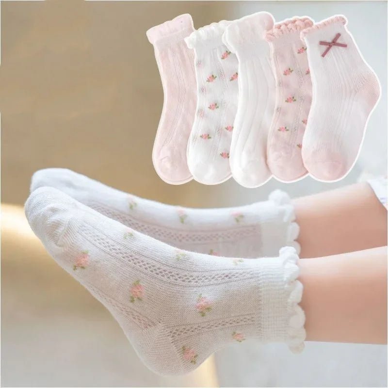 Kids Socks : 5 Pairs Cotton Girls Socks Spring, Summer Flowers Pattern