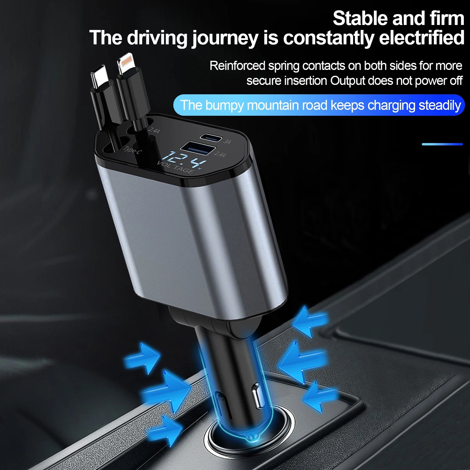 Retractable Car Charger, 100W Quick Charge with 2 USB Port, Retractable iPhone Charger & Tap-c Charger, Retractable Cable
