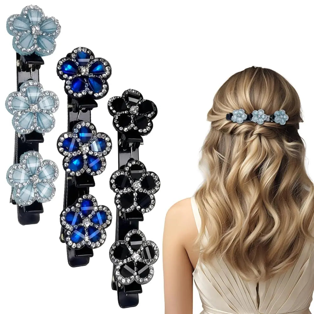 2PCS Women's Sparkling Crystal Flower Hair Clip Rhinestone Braided Hairpin Side Bangs Clip Hair Bands Shiny Elegant Hair Clip