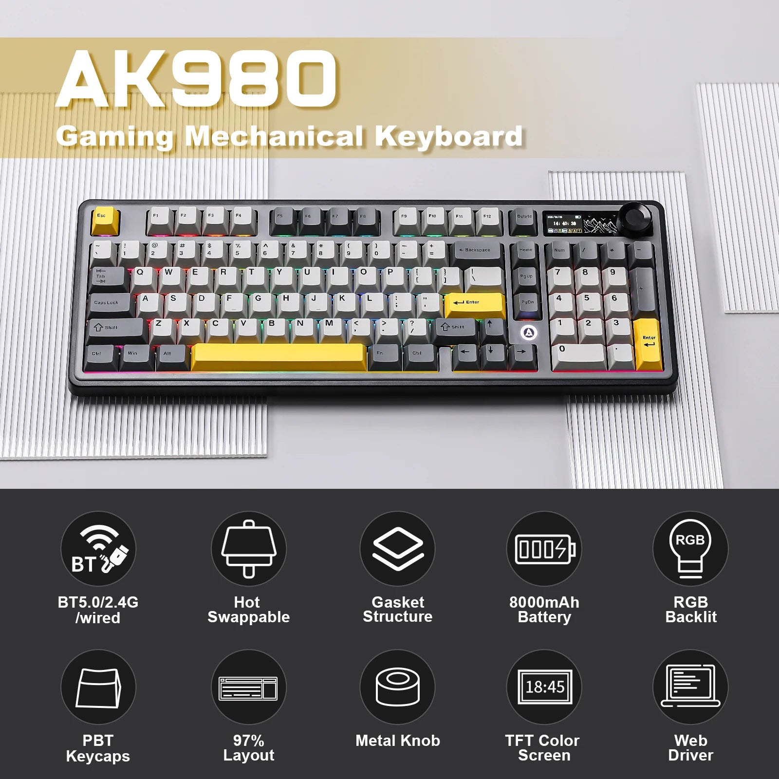 AJAZZ AK980 Mechanical Keyboard with Screen & Knob, Full Size RGB Wireless Keyboard,