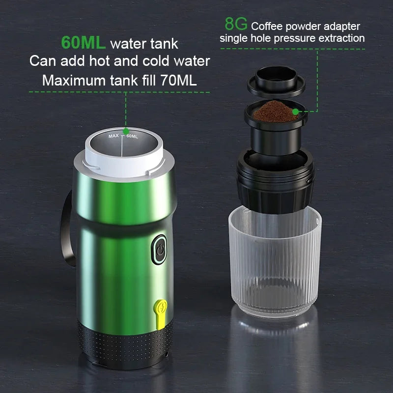 DENOKIN Electric Portable Coffee Machine Italian Espresso Machine for Car & Home 3-in-1 Capsule Powder Travel Coffee Maker
