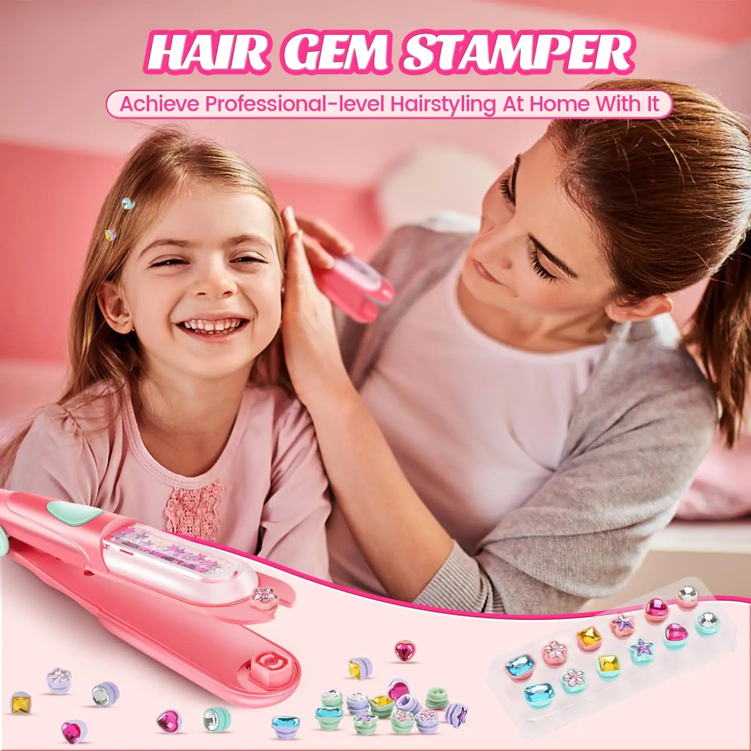 Hair Gem Stamper Kit, Hair Bedazzle Styling Tool with Reusable Rhinestones, Girls Hair Accessories, Birthday Gift Toy for Girls