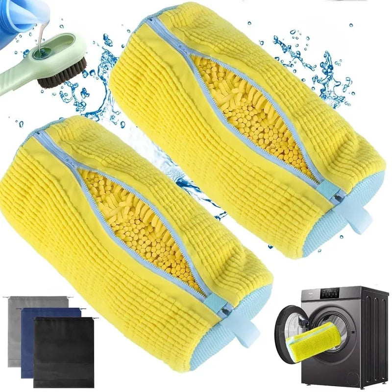 Two yellow cleaning brushes with blue handles on a white background with water droplets and washing machine icons.