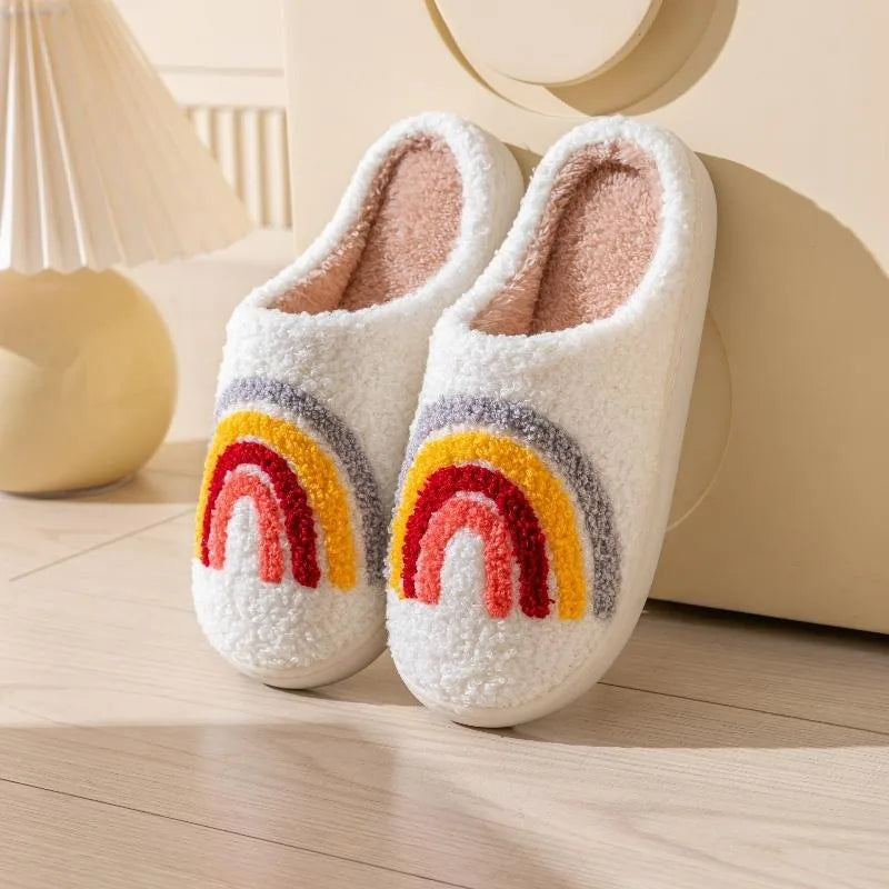 Fluffy rainbow home slippers for women β warm cotton indoor footwear