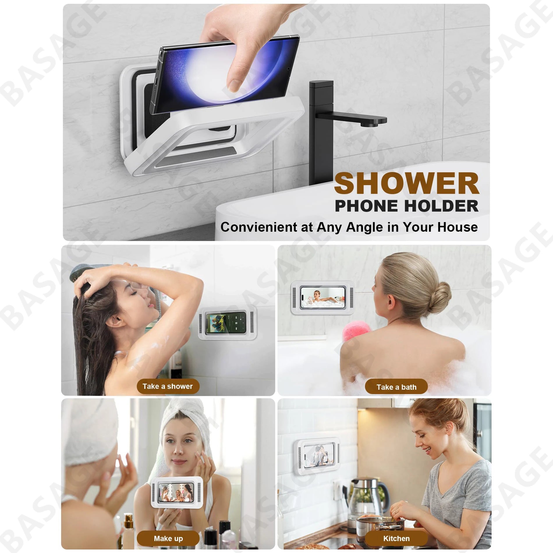Shower Phone Holder Waterproof with Speaker Hole Screen touch Shower Phone Stand Case Mount for Bathroom Bathtub Kitchen Wall Mirror