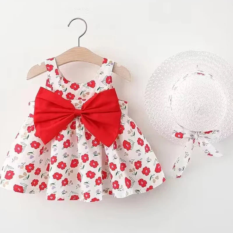 Baby Girl Dresses -Sweet Summer Floral Bow Toddler Beach Dress and Hat