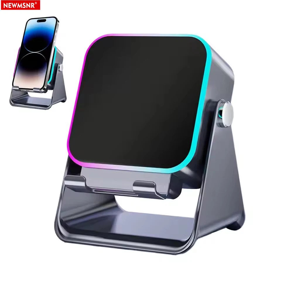 Multi-device charging stand with smartphone, smartwatch, and phone case on a white background