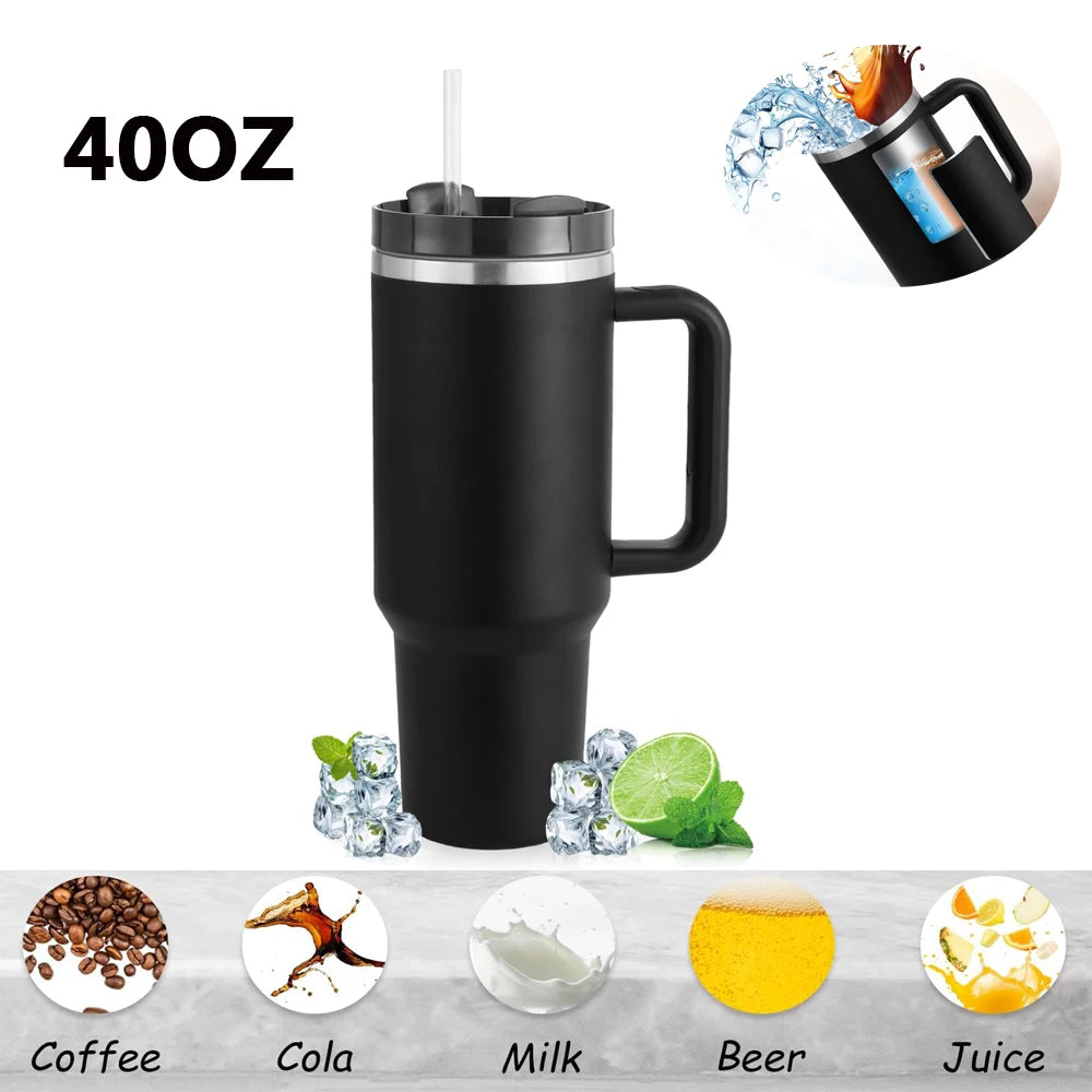 40oz Tumbler With Handle Straw Lid Insulated Stainless Steel Travel Cup Keep iced Coffee Mug Gifts For Women Men Car Cup Holder