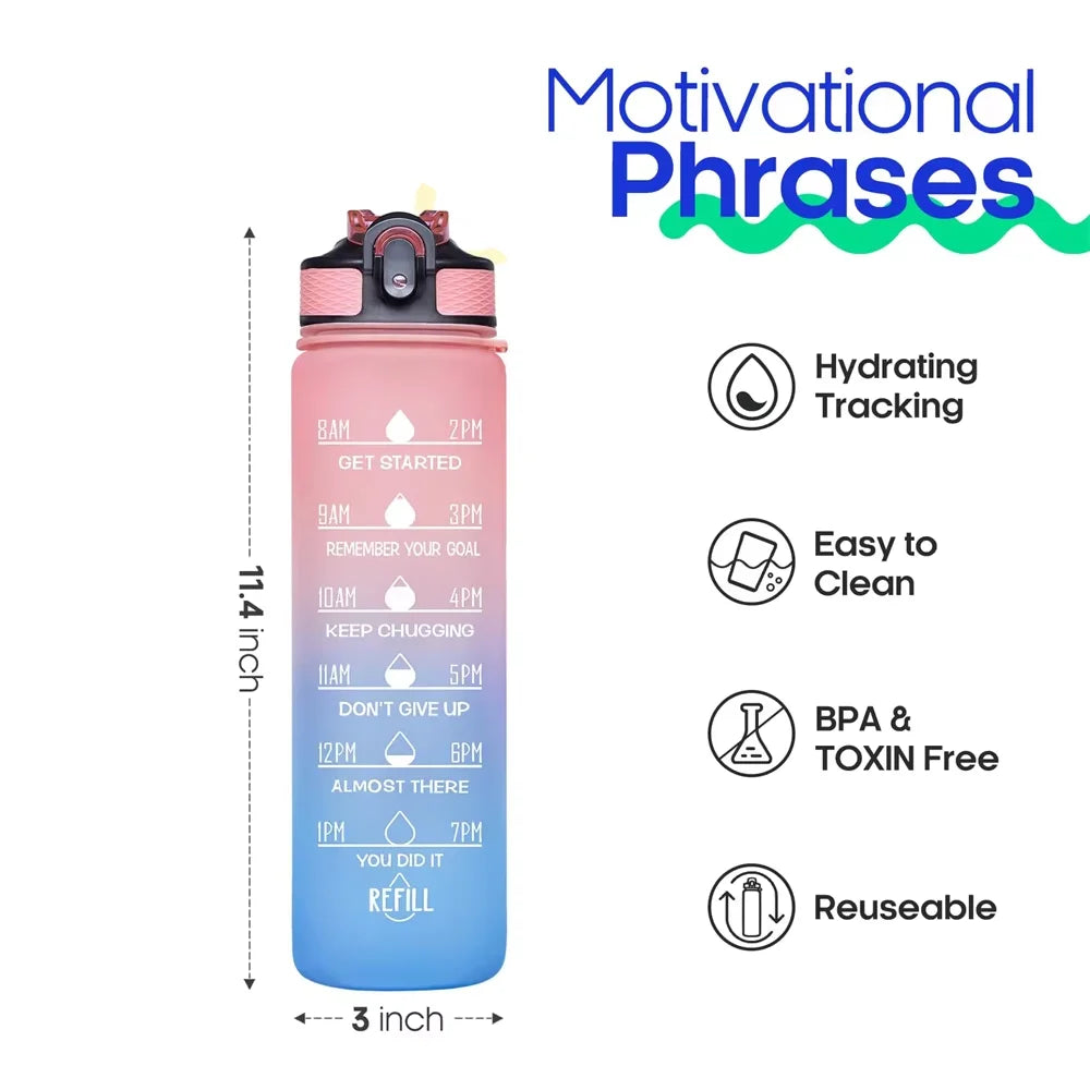 Motivational Water Bottle with Time Marker Straw for Fitness Hydration