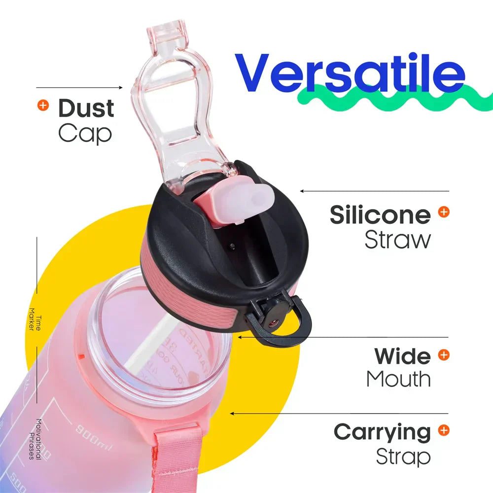 Motivational Water Bottle with Time Marker Straw for Fitness Hydration