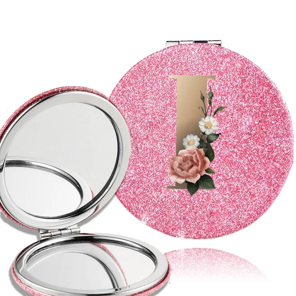 Portable Folding Shiny Double-Sided Makeup Mirror Leather Cosmetic Mirror Pocket Magnifying Hand Gold Letter Pattern Beauty Tool