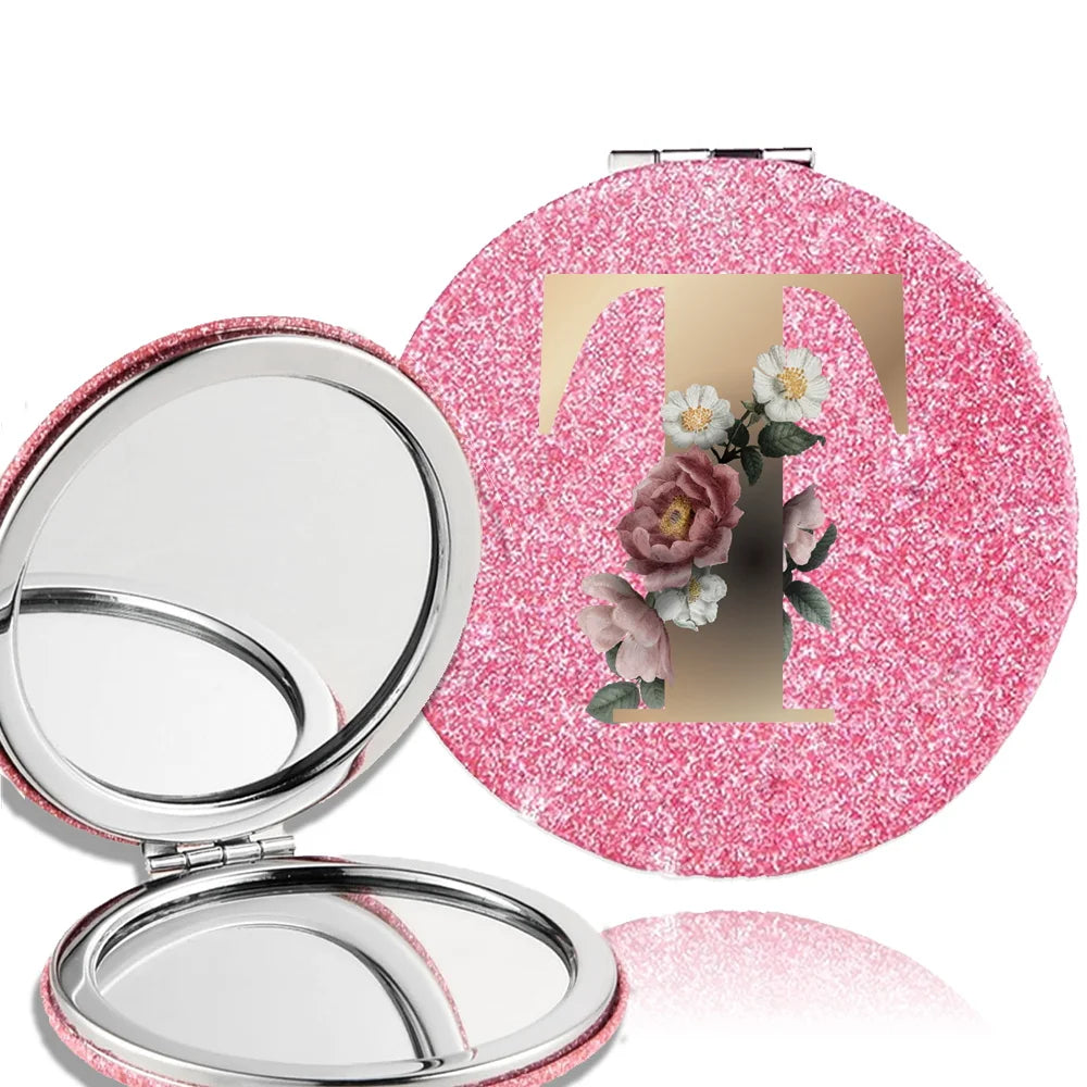 Portable Folding Shiny Double-Sided Makeup Mirror Leather Cosmetic Mirror Pocket Magnifying Hand Gold Letter Pattern Beauty Tool