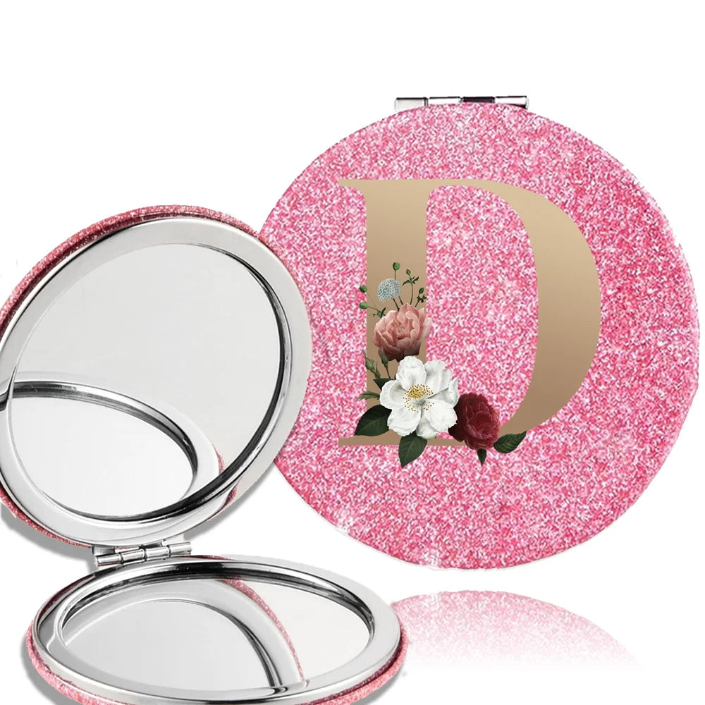 Portable Folding Shiny Double-Sided Makeup Mirror Leather Cosmetic Mirror Pocket Magnifying Hand Gold Letter Pattern Beauty Tool