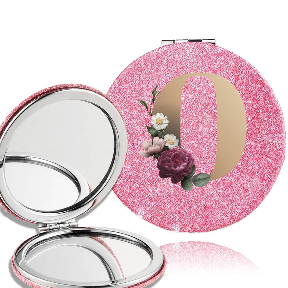 Portable Folding Shiny Double-Sided Makeup Mirror Leather Cosmetic Mirror Pocket Magnifying Hand Gold Letter Pattern Beauty Tool