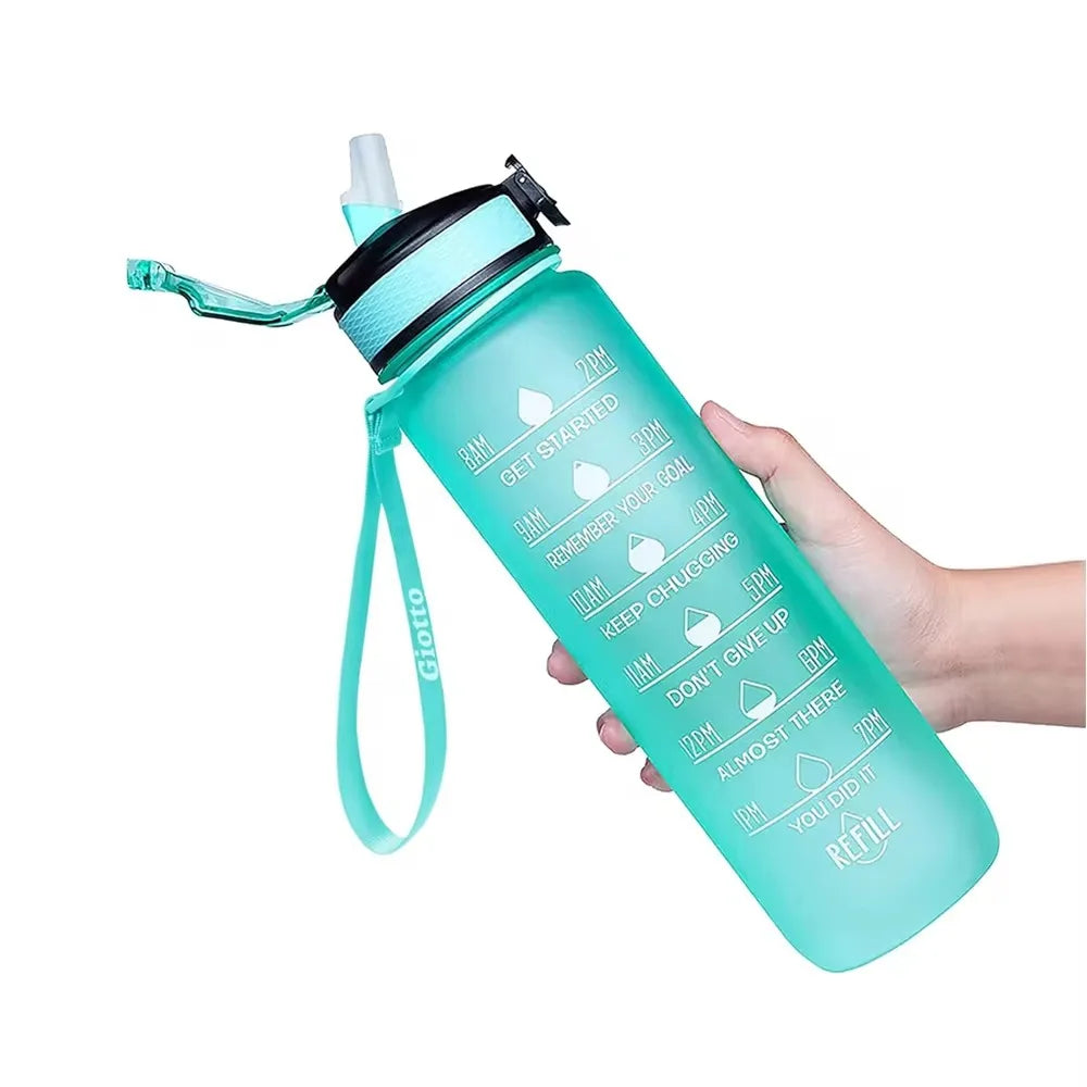 Motivational Water Bottle with Time Marker Straw for Fitness Hydration