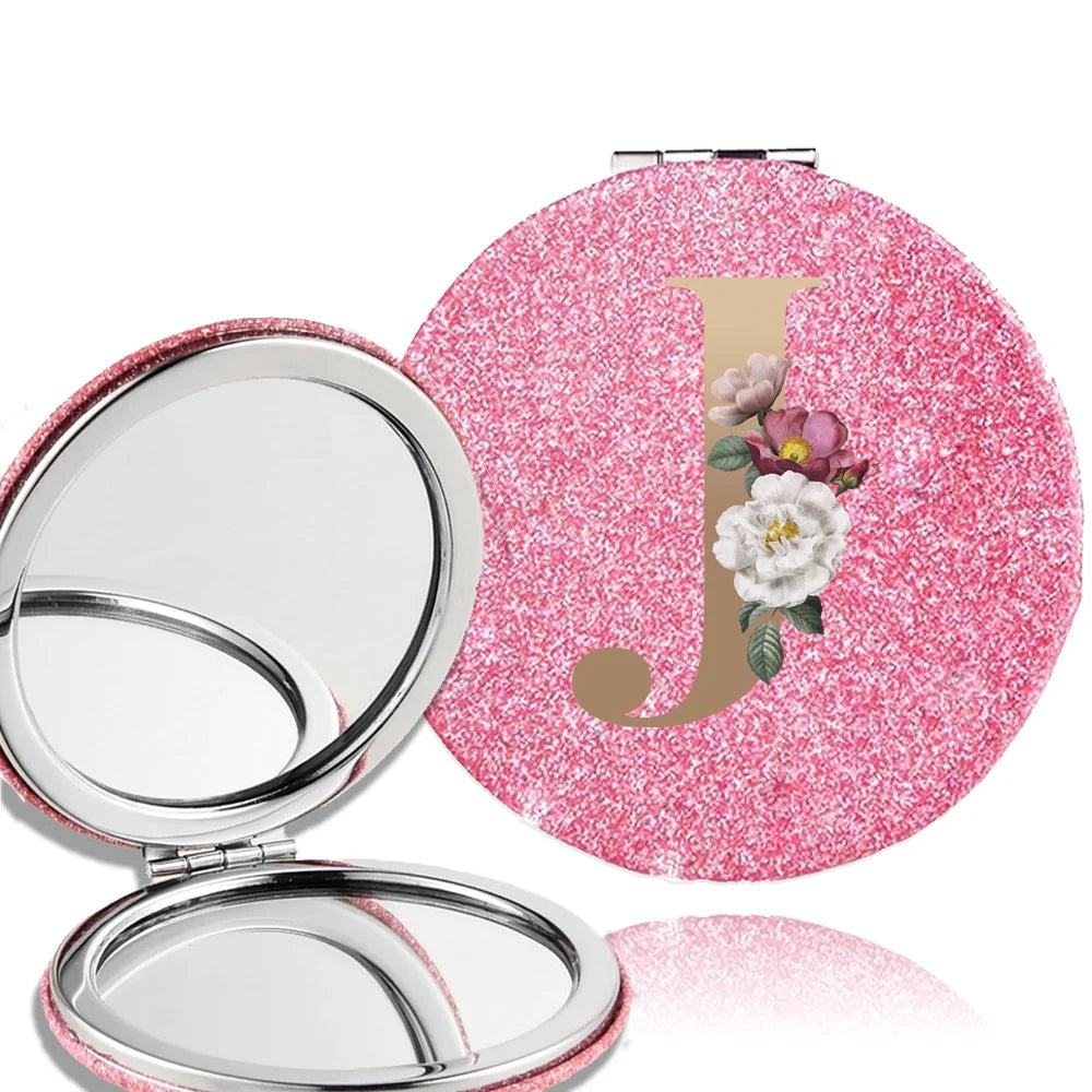 Portable Folding Shiny Double-Sided Makeup Mirror Leather Cosmetic Mirror Pocket Magnifying Hand Gold Letter Pattern Beauty Tool